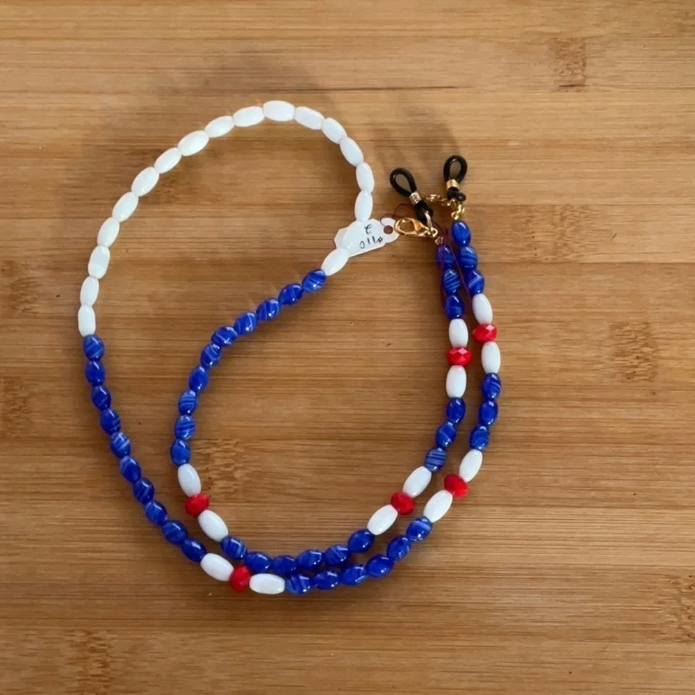 Hand Crafted Face Mask Eyeglasses Holder Lanyard Chain Red White Blue Patriotic